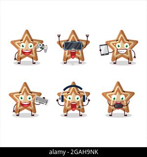Le personnage de dessin animé de l'étoile de pain d'épices joue à des jeux avec diverses émoticônes mignons. Illustration vectorielle Illustration de Vecteur