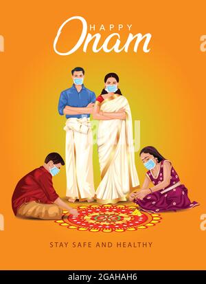 illustration vectorielle des messages d'accueil happy onam. illustration des enfants qui font du pookalam pour la famille. concept de virus corona covid-19 Illustration de Vecteur