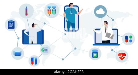 Télémédecine e-santé télésanté consultation en ligne des médecins à l'aide d'un appareil Internet numérique en ligne comme un téléphone intelligent pour diagnostiquer les soins de santé Illustration de Vecteur