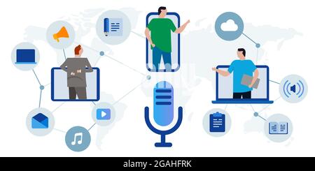 Balado audio podcaster diffusion radio technologie connexion globale multimédia microphone de divertissement icône Illustration de Vecteur