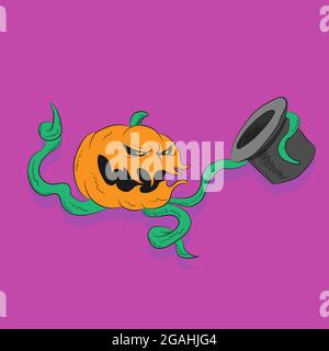 Citrouille Halloween visage tiges chapeau dessin animé Doodle image vectorielle sur un arrière-plan isolé. Illustration de Vecteur