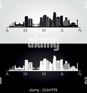 Silhouette des gratte-ciel et des repères d'Amman, design noir et blanc, illustration vectorielle. Illustration de Vecteur