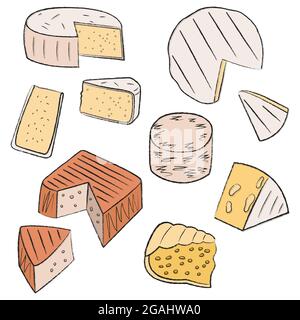 Un ensemble de délicieux fromages doux et durs. Les produits laitiers ronds sous forme de gâteau sont coupés en morceaux triangulaires. Linéaire simple Illustration de Vecteur