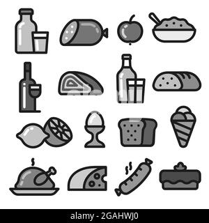 illustration des produits alimentaires et des repas icônes minimales dans les couleurs de l'échelle de gris Illustration de Vecteur