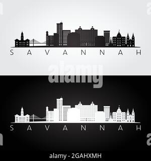 Silhouette des gratte-ciel et des monuments de Savannah USA, design noir et blanc, illustration vectorielle. Illustration de Vecteur