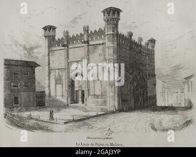 Espagne, Iles Baléares, Majorque. Palma. La Lonja ou sa Llotja (marché de Palma). Ancien bâtiment gothique du marché, construit par Guillem Sagrara en 1426. Gravure. Las Glorias Nacionales, 1853. Banque D'Images