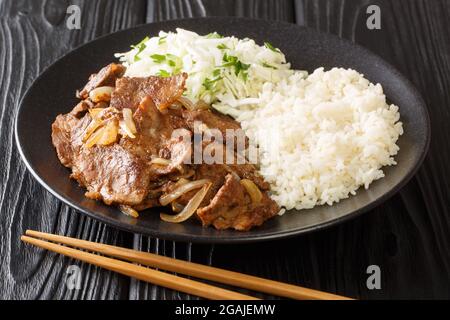 Porc au gingembre japonais Shogayaki avec garniture de riz et chou dans la plaque sur la table. Horizontal Banque D'Images