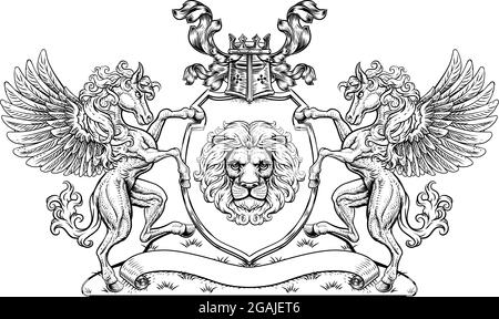 Écusson Pegasus Horses Manteau D'Armoiries Lion Shield Seal Illustration de Vecteur