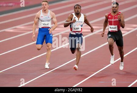 Tokyo, Japon. 31 juillet 2021. 31 juillet 2021 ; Stade Olympique, Tokyo, Japon : Tokyo 2020 Jeux Olympiques d'été jour 8 ; Menas 100 mètres qualifiant de grands Britanniques UJAH Chijindu termine 3ème et se qualifie comme MUSAH Kojo (DEN) et VOLKO Jan (SLO) Miss out Credit: Action plus Sports Images/Alay Live News Banque D'Images