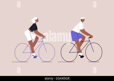 Bonne balade en couple noir à vélo. Transport urbain écologique. Mode de vie post-quarantaine. Illustration vectorielle de style plat sur un arrière-plan isolé Illustration de Vecteur