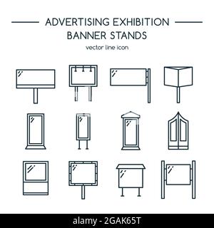 Panneaux publicitaires et affichage de bannières, stands d'exposition. Icônes de ligne définies. Illustration de Vecteur