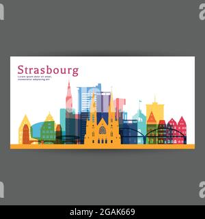 Strasbourg illustration vectorielle d'architecture colorée, silhouette de ville d'horizon, gratte-ciel, conception plate. Illustration de Vecteur