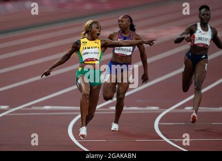 31 juillet 2021 : Elaine Thompson-Herah remporte l'or en 100 mètres pour les femmes en 9.61, record olympique, aux Jeux Olympiques de Tokyo, au stade olympique de Tokyo, Tokyo, Japon. Prix Kim/CSM Banque D'Images