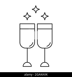 Icône représentant un contour vectoriel de flûtes isolées sur fond blanc. Toasts de mariage, verres à vin avec mousseux. Célébration du signe linéaire. Illustration de Vecteur