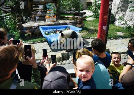 Moscou, Russie. 31 juillet 2021. Les visiteurs regardent le panda géant Ru Yi au zoo de Moscou, capitale de la Russie, le 31 juillet 2021. Le zoo de Moscou a fêté l'anniversaire du panda géant Ru Yi qui est arrivé de Chine en 2019 pour un programme scientifique de 15 ans. Credit: Evgeny Sinitsyn/Xinhua/Alay Live News Banque D'Images