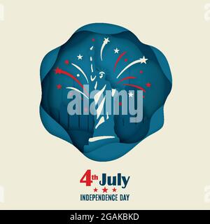 Bannière de bienvenue avec Statue de la liberté et feux d'artifice de style origami. 4 juillet. Jour de l'indépendance américaine. Illustration de papier vectoriel. Illustration de Vecteur