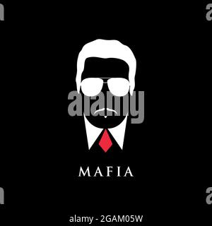 Portrait de mafioso italien. Homme avec moustache et lunettes de soleil. Illustration vectorielle noir et blanc. Illustration de Vecteur