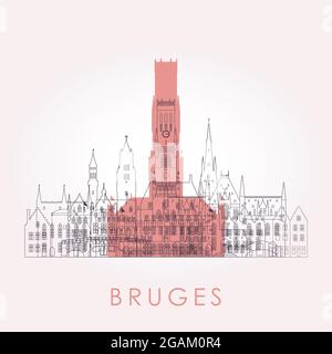 Décrivez les gratte-ciel de Bruges avec des points de repère. Illustration vectorielle. Concept de voyage d'affaires et de tourisme avec bâtiments historiques. Image pour présentation, banne Illustration de Vecteur