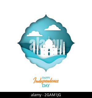 Carte de vœux avec le monument indien Taj Mahal dans le style origami. Jour de l'indépendance de l'Inde, 15 août. Bannière Paper Art Vector. Illustration de Vecteur
