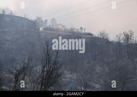 Toutes les maisons ont été brûlées lors de feux de forêt au village d'Ulukapi Sulek, près de la région de Manavgat, à Antalya. Plus de 70 feux de forêt ont éclaté cette semaine dans les provinces des côtes de la mer Égée et de la Méditerranée ainsi que dans les zones intérieures de la Turquie. Des villages et certains hôtels ont été évacués dans des zones touristiques et les gens ont été enfugés à travers les champs alors que des incendies ont fermé sur leurs maisons. Au moins quatre personnes ont été tuées par des blazettes qui ont balayé les régions touristiques d'Antalya, Manavgat, Turquie, côte méditerranéenne de la Turquie, le 28 juillet 2021. Photo de Cenk Ozel/Depo photos/ABACAPRESS.COM Banque D'Images