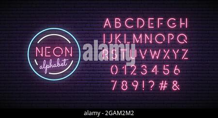 Police rose fluo. Lettre et chiffres anglais. Lettres claires sur un mur sombre. Modèle vectoriel. Illustration de Vecteur
