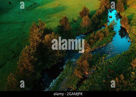 Vue aérienne de Mountain creek serpentant à travers de beaux paysages herbeux sur Zlatibor, Serbie - photographie de drone Banque D'Images