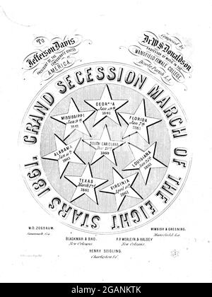 Grande sécession Marche de la feuille de musique confédérée huit étoiles 1861 dédiée au Président Jefferson Davis & Mansfield Female College, Louisiane. Banque D'Images