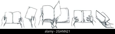 Mains humaines tenant le livre en papier. Illustration d'esquisse vectorielle dessinée à la main. Ensemble d'éléments de conception d'apprentissage et d'éducation isolés. Personnes avec ouverture et fermeture Illustration de Vecteur