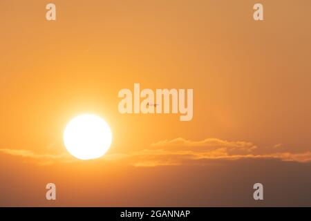 Un avion vole à travers le ciel orangé du coucher du soleil, passant près du soleil doré. Certains bruits de fond Banque D'Images