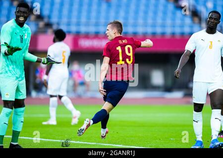 Dani OLMO (ESP) célèbre son but lors des Jeux Olympiques Tokyo 2020, le quart de finale des hommes de football entre l'Espagne et la Côte d'Ivoire le 31 juillet 2021 au stade Miyagi à Miyagi, Japon - photo Kishimoto / DPPI Banque D'Images