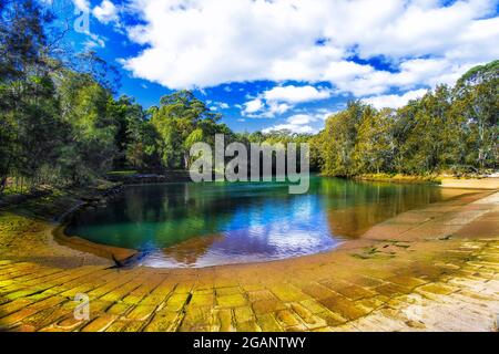 Weir sur la rivière Lane Cove du parc national dans la région de Sydney, en Australie. Paysage pittoresque de réserve de verdure fraîche. Banque D'Images