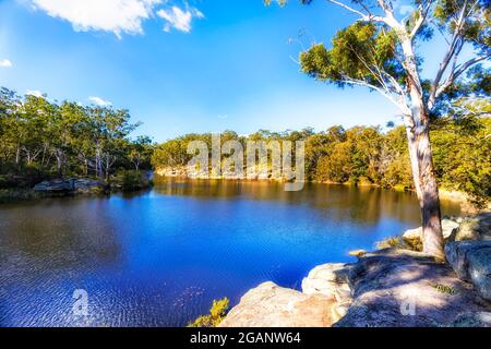 Rochers de grès sur le bord de mer du lac Parramatta par une journée ensoleillée - réserve naturelle du Grand sydney. Banque D'Images