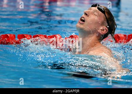 Tokio, Japon. 1er août 2021. Natation : Jeux Olympiques, 1500m freestyle, hommes, finale au centre aquatique de Tokyo. Florian Wellbrock d'Allemagne réagit après le bronze. Credit: Swen Pförtner/dpa/Alay Live News Banque D'Images