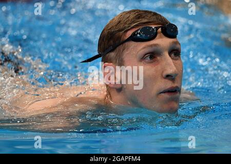 Tokio, Japon. 1er août 2021. Natation : Jeux Olympiques, 1500m freestyle, hommes, finale au centre aquatique de Tokyo. Florian Wellbrock d'Allemagne réagit après le bronze. Credit: Swen Pförtner/dpa/Alay Live News Banque D'Images