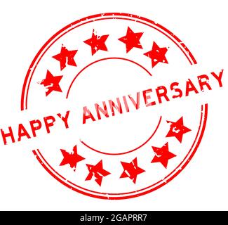 Grunge heureux anniversaire rouge ronde word joint en caoutchouc stamp sur fond blanc Illustration de Vecteur