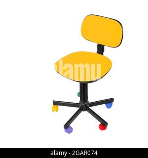 Mobilier de bureau - chaise d'ordinateur de bureau jaune pour enfant isolée sur un fond blanc. Banque D'Images