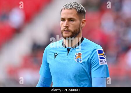 ALKMAAR, PAYS-BAS - JUILLET 31 : gardien de but Alejandro Remiro de Real Sociedad pendant le match de pré-saison entre AZ et Real Sociedad à la Stadion AFAS le 31 juillet 2021 à Alkmaar, pays-Bas (photo de Patrick Goosen/Orange Pictures) Banque D'Images