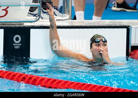 TOKYO, JAPON - JUILLET 28 : Ranomi Kromowidjojo, des pays-Bas, réagit après avoir disputé aux femmes 100m Freestyle pendant les Jeux Olympiques de Tokyo 2020 à t Banque D'Images
