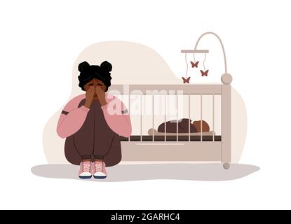 Dépression post-partum. Femme africaine fatiguée assise sur le sol, pleurant et embrassant ses genoux. La jeune mère a besoin d'aide psychologique. Troubles de l'humeur Illustration de Vecteur