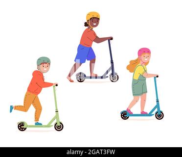 Les enfants en casques sont équipés de scooters électriques. Illustration de Vecteur