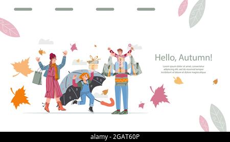 Bannière de vente d'automne et de site Web d'achat familial. Les gens avec des parasols et de grands sacs d'achats acheter des marchandises à l'automne Vente saisonnière rabais, plat cartoo Illustration de Vecteur