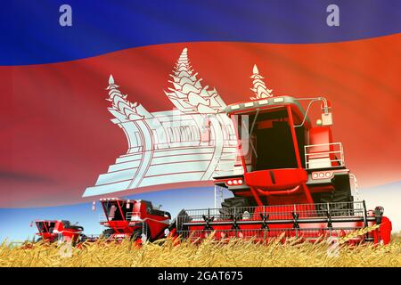 Illustration 3D industrielle de la moissonneuse-batteuse agricole de blé rouge sur le terrain avec drapeau du Cambodge, concept de l'industrie alimentaire Banque D'Images