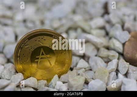 une seule pièce de monnaie ada dorée brillante de la monnaie de cardano debout dans un gravier avant gauche Banque D'Images