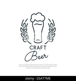 Icône bière artisanale. Verre de bière avec mousse et épillets de blé. Emblème de dessin au trait. Illustration vectorielle. Illustration de Vecteur