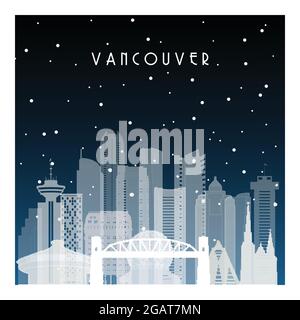 Nuit d'hiver à Vancouver. Ville nocturne de style plat pour bannière, affiche, illustration, arrière-plan. Illustration de Vecteur