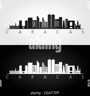 Silhouette des gratte-ciel et des monuments de Caracas, design noir et blanc, illustration vectorielle. Illustration de Vecteur