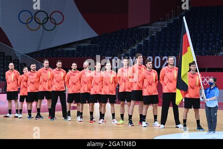 01 août 2021, Japon, Tokio: Handball: Jeux Olympiques, Allemagne - Brésil, tour préliminaire, L'équipe allemande. Photo: Swen Pförtner/dpa Banque D'Images