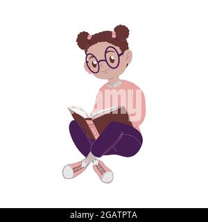 Petite fille américaine africaine avec des lunettes s'assoit et lit un livre. Concept de retour à l'école et d'étude. Une écolière avec des verres étudie. Illustration vectorielle Illustration de Vecteur