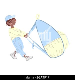 Un garçon afro-américain dans une casquette tire un grand sac à dos. Concept de retour à l'école. Illustration de dessin animé à plat, isolée sur fond blanc. PR Illustration de Vecteur