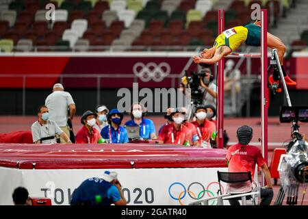 TOKYO, JAPON - 1er AOÛT : Brandon Starc d'Australie en compétition pour la finale masculine de saut en hauteur lors des Jeux Olympiques de Tokyo 2020 au stade olympique le 1er août 2021 à Tokyo, Japon (photo d'Andy Astfalck/Orange Pictures) Banque D'Images